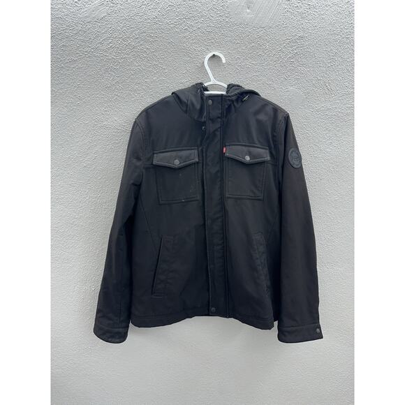 Levi Strauss & Co Mens Jacket Size Medium Black Zip Up Hooded Sherpa Lined - Picture 1 of 13